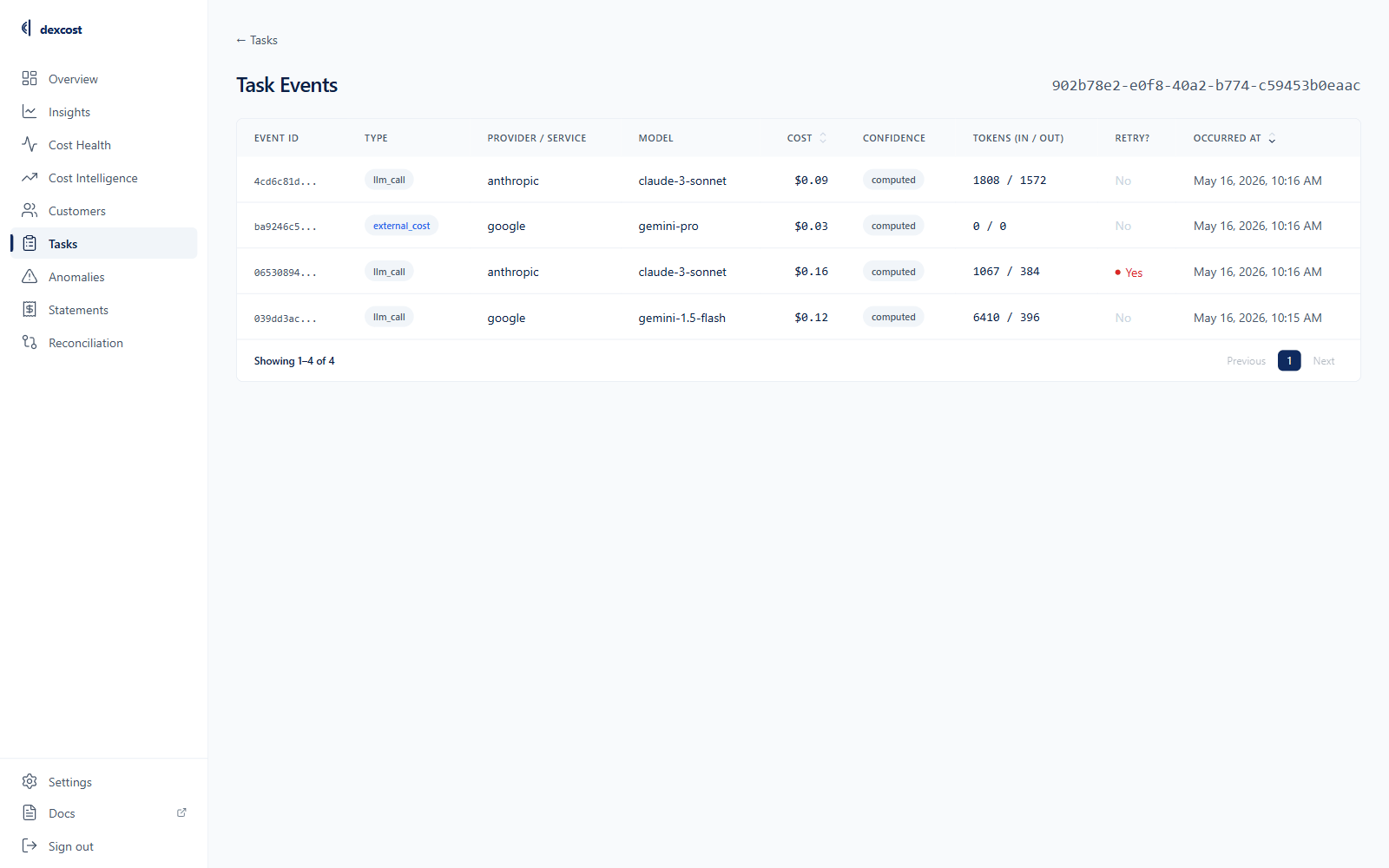 dexcost Task Events — every LLM call, model, token count and retry